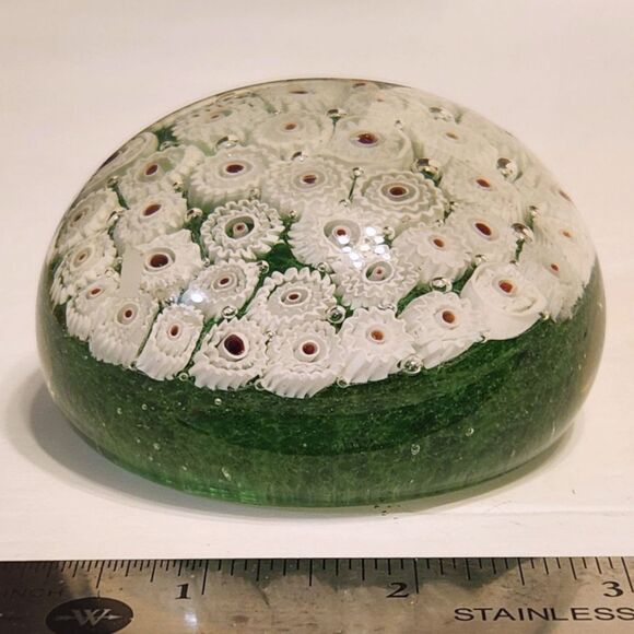Vintage Murano Millefiori Art Glass Paperweight, White and Green, about 3" wide - Picture 2 of 7